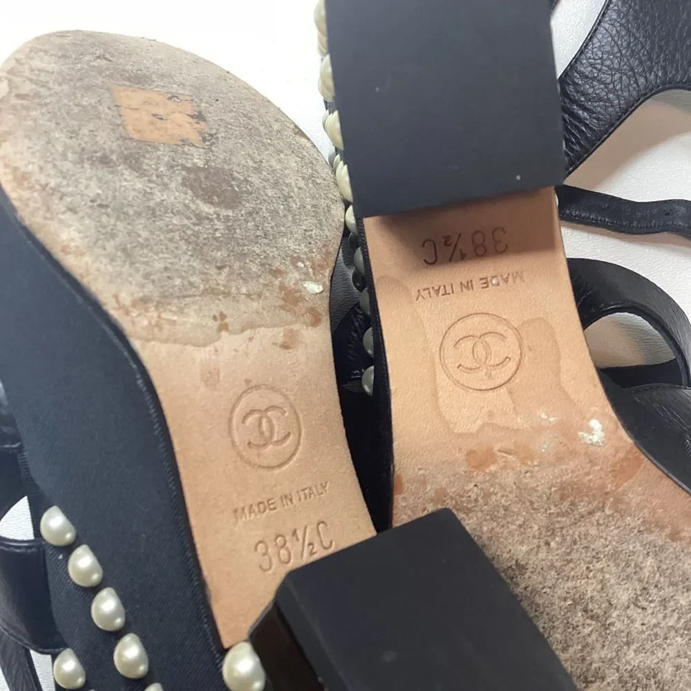 Chanel Calfskin Grosgrain Pearl Wedge‎ Sandals Size EU 38.5 Black
